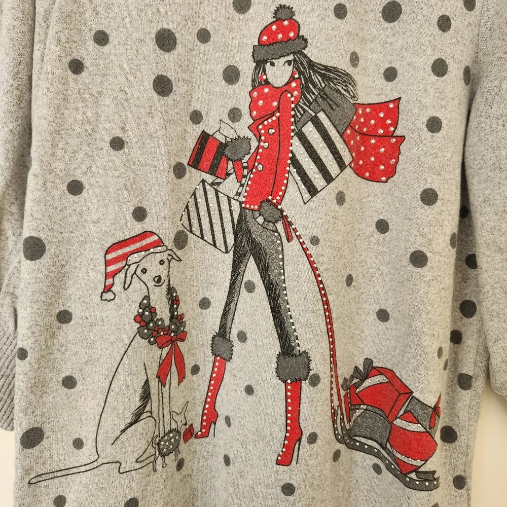 Holiday Sweater Girl & Dog Polka Dots Gray Studs Studded Whimsical Glam - Picture 5 of 16